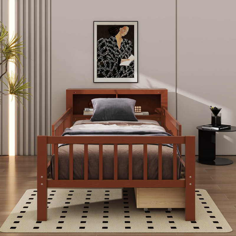 Lit simple avec rangement intégré pour la tête de lit et deux tiroirs sous le lit, Noyer