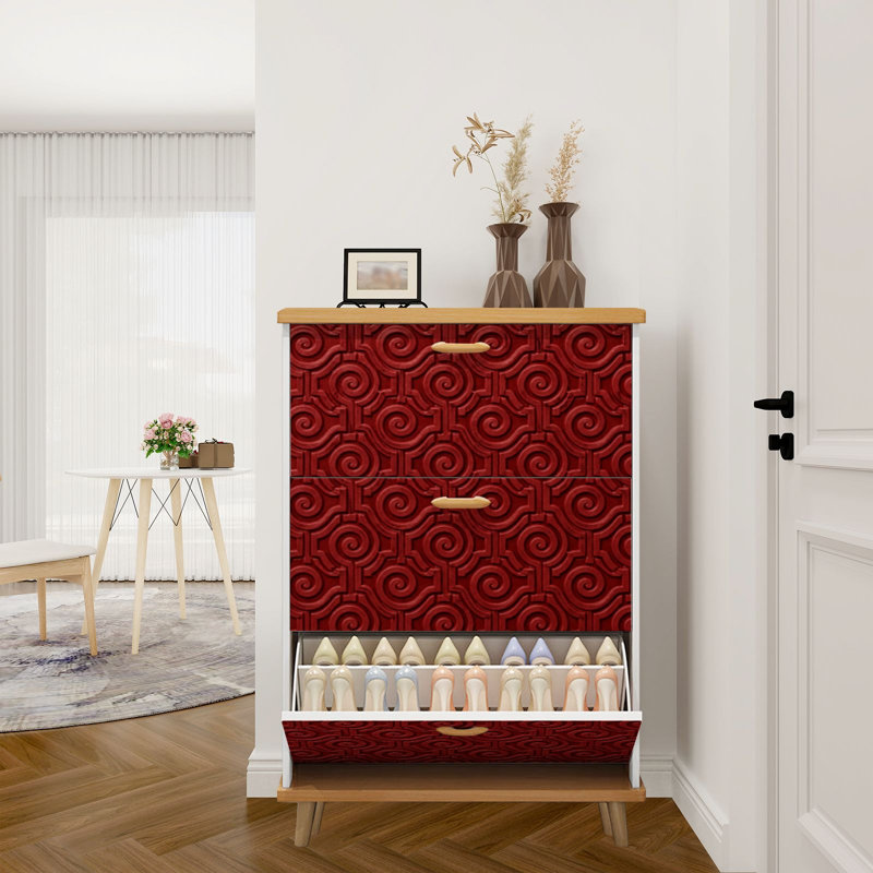 Armoire de rangement pour chaussures avec 3 tiroirs rabattables pour des motifs géométriques sans soudure de motifs rouges et foncés de motifs géométriques