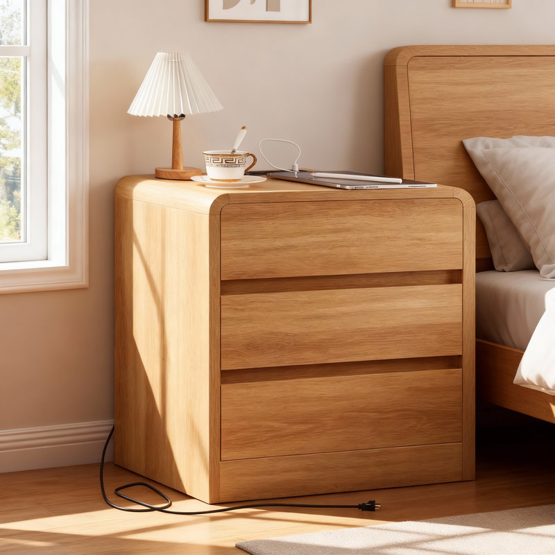 Nightstands(Set Of 2), With Charging Station, 3-Drawer Arched End Table For Small Space, For Bedroom, Living Room, Natural