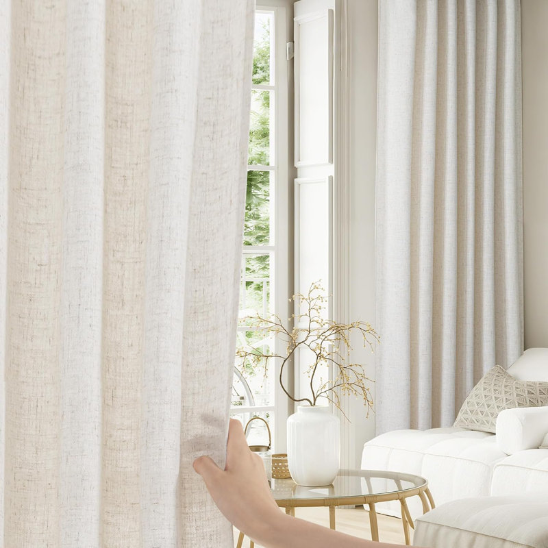  Linen Curtains 2 Panels Set for Living Room/Bedroom, Thick Flax Linen Blend Privacy Window Drapes Rod Pocket & Back Tab with Light Filtering