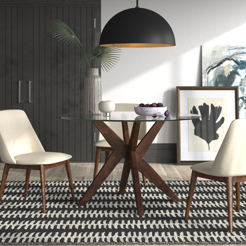 Vosburg Round Glass Top Solid Wood Base Dining Table, Brown