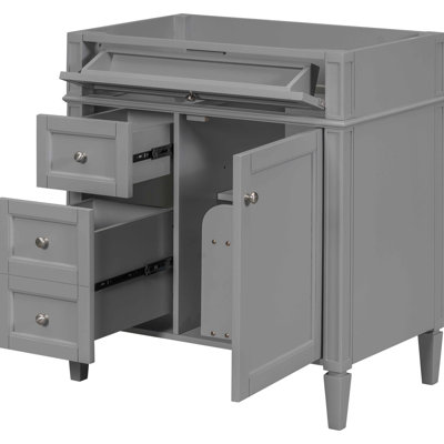 Meuble-lavabo moderne, 3 tiroirs, tiroir basculant, organisateur de porte d'armoire, tablette réglable, glissières de tiroir en métal lisse, conception de pieds romains exquis, tiroirs gris et en bois massif gris avec planche