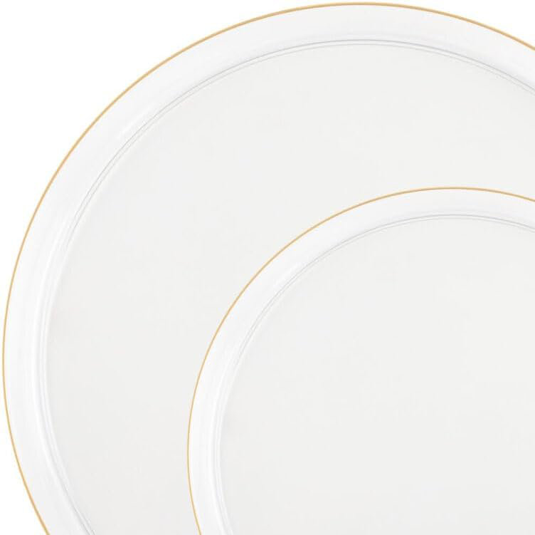 Assiettes à salade de 8 po et assiettes plates en plastique transparent avec rebord doré de 10 po, Ensemble de 60