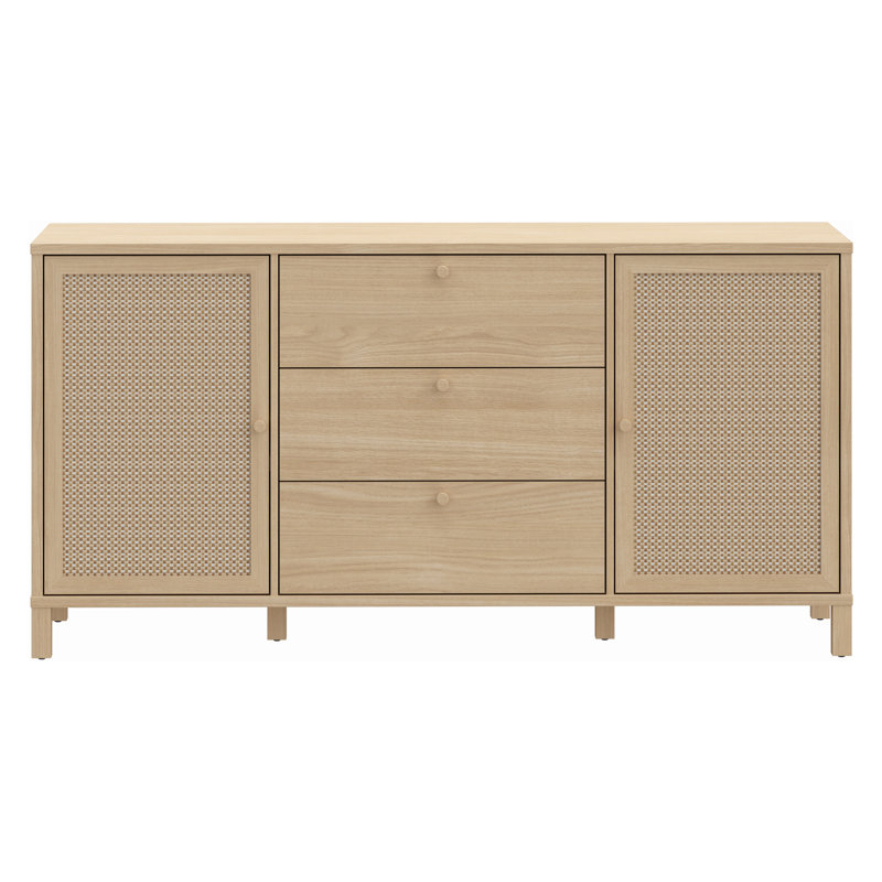 Skandi Style Chest of Drawers, 3 Drawers, 2 Doors, Woven Front Panels, Versatile Use, Engineered Wood, Light Oak  Decor, 162.8 cm W x 82.5 cm H x 42 cm D