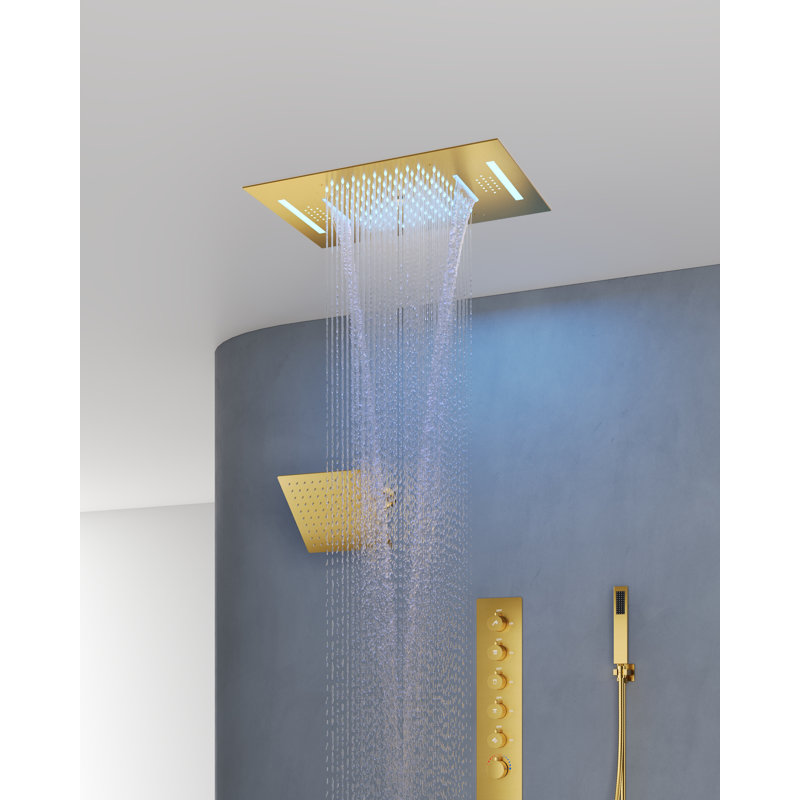  LED Bluetooth Music Thermostatic Rain Shower System with Dual Shower Heads and Handheld Sprayer, Brushed Gold