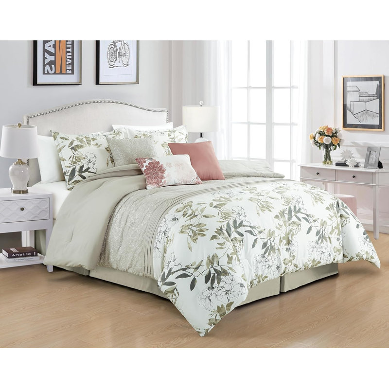  7-Piece Green Embroidery Floral Botanical Comforter Set, QueenComforter+2StandardShams