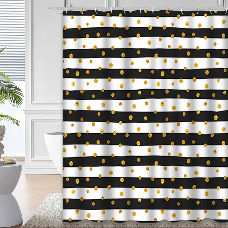Rideau de douche à pois sans couture blanc et noir avec 12 crochets, L 72 po x l 84 po