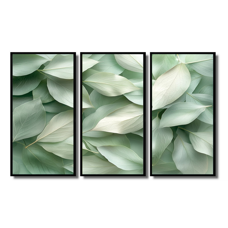 Feuilles de jade monochrome Lush Layers II - feuilles, art mural sur toile - 3 panneaux, H 28 po x l 36 po, Noir