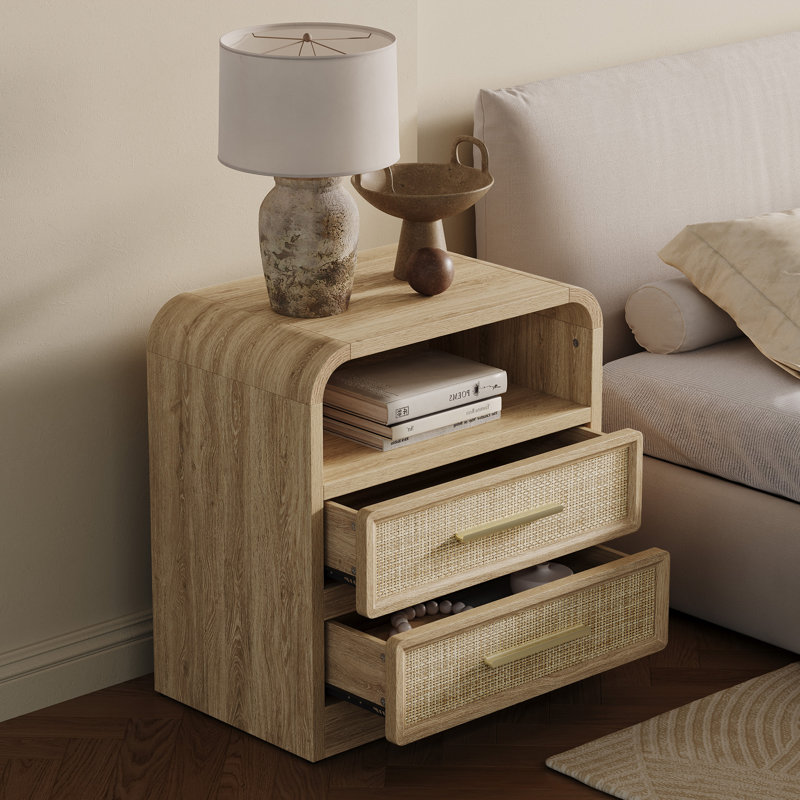 Curved Edge Rattan Drawer Nightstand With  2-Drawer And 1 Open Shelf Storage (Set of 2)
