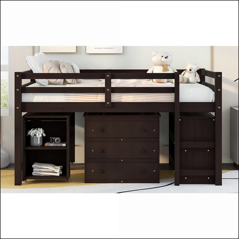 Lit mezzanine double en bois de pin / panneau de fibres à densité moyenne / contreplaqué avec bureau roulant Rangement - sans sommier - espresso / gris / blanc