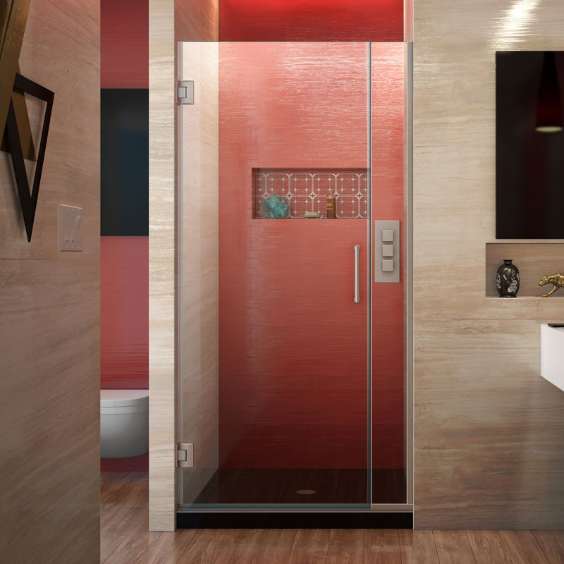 Unidoor Plus 33.5" W x 72" H Pivot Frameless Shower Door with ClearMax™ Technology, Brushed Nickel, Clear Glass