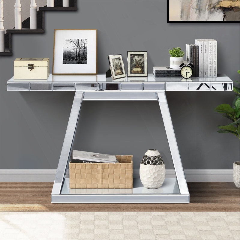 55.9" Modern Luxe Full-Body Mirror Entryway Table With Trapezoid Base – 360° Reflective Console Table, Sturdy Wooden Frame, Scratch-Resistant Design & Open Storage For Hallway, Living Room, Staircase