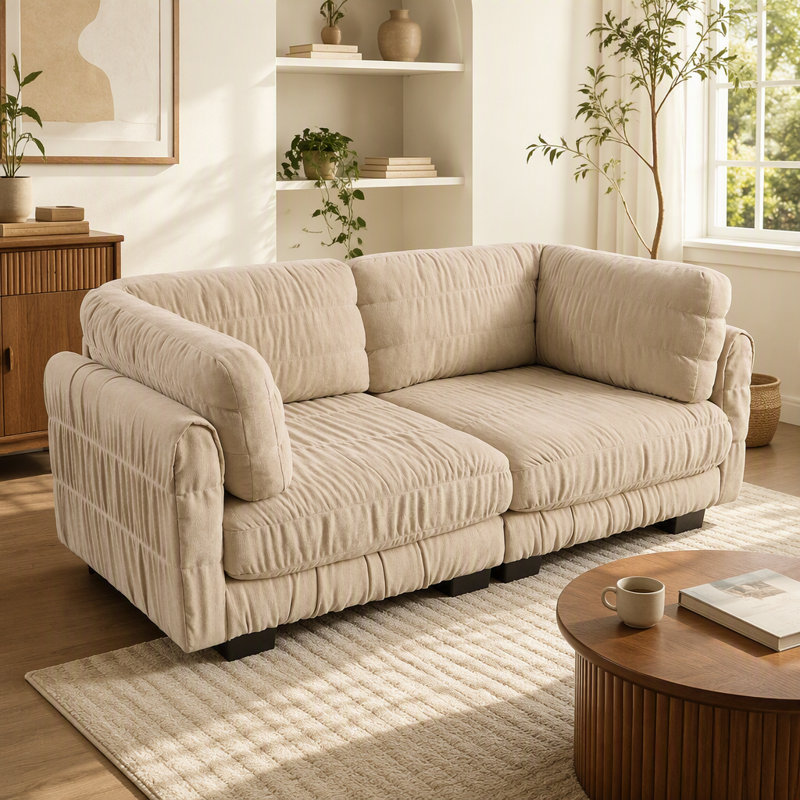 Canapé d'angle modulaire deux places en chenille à détails froncés, mousse haute densité, coussins de dossier épais en forme de L, montage facile, pour salon, chambre, couleur camel