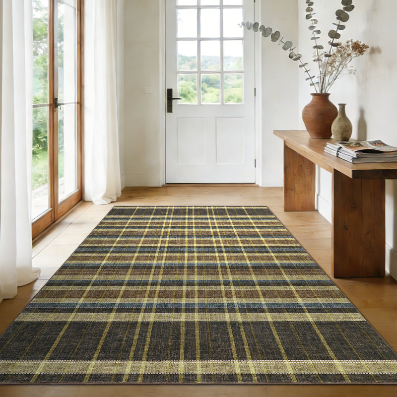 Plaid Machine Washable Rug for Living Room, Non-Slip Geometric Floor Mats, Stain-Resistant Soft Faux Wool Indoor Carpet for Bedroom