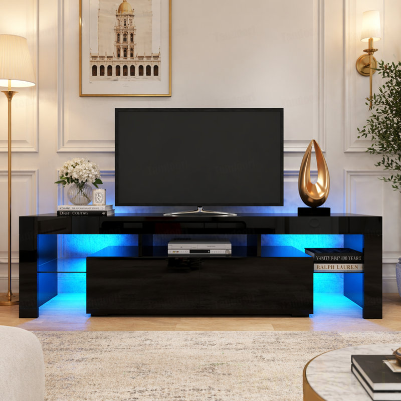 Meuble télé moderne noir, 20 lumières DEL avec télécommande