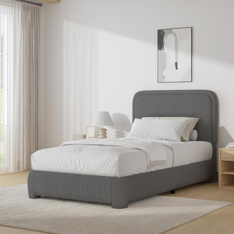 Lit plateforme tapissier Bensu Boucle, Lit simple, Gris