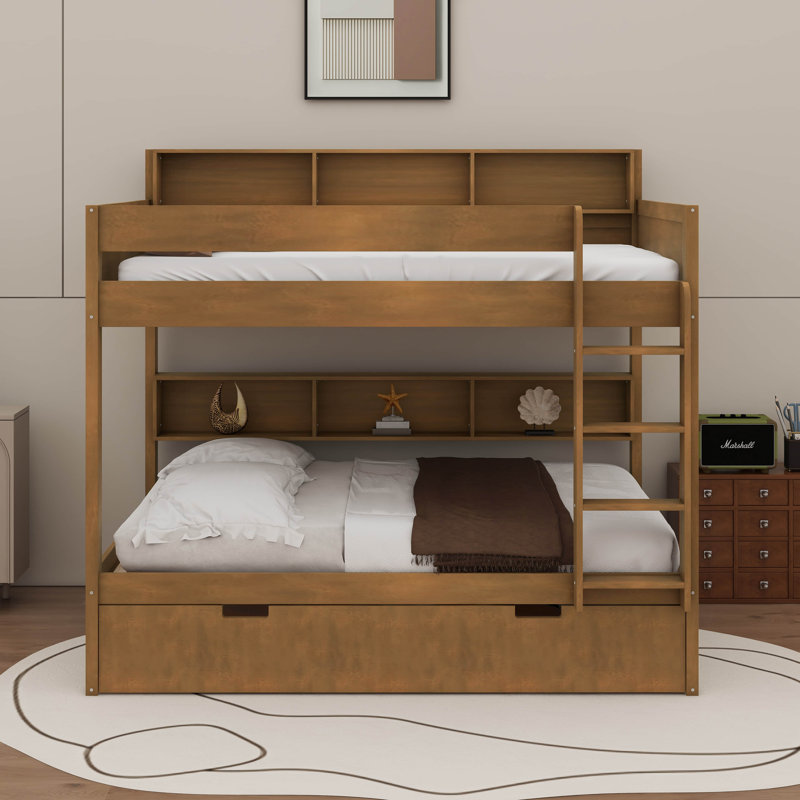 Lit superposé avec lit gigogne et tablettes de rangement intégrées, lit superposé en bois peu encombrant, Simple sur simple