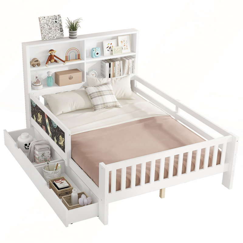Lit plateforme double avec tableau noir, tiroirs et tablettes de rangement en bois massif, conception amusante et peu encombrante