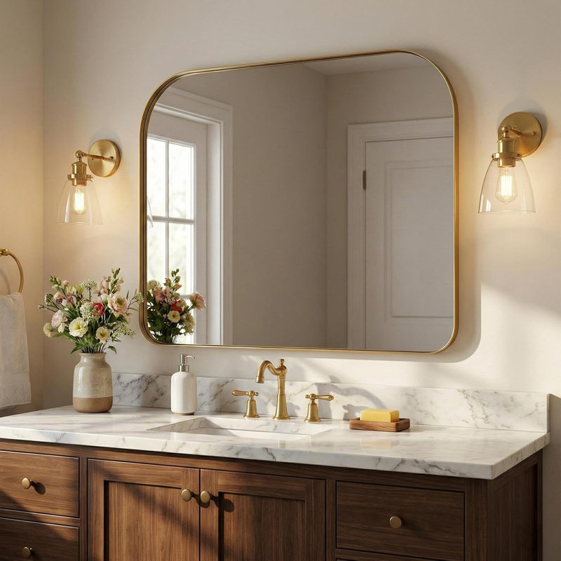 Wide Arch Rectangle Bathroom Vanity Mirror | Stainless Steel Frame, Brushed Gold, 30" x 36" 