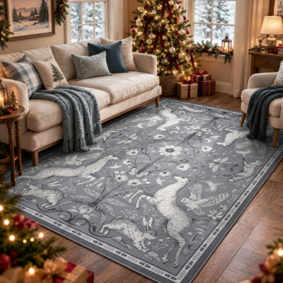 Goldene Morris Inspired Woodland Animal Washable Area Rug with Non-Slip Backing for Living Room, Bedroom and Dining Room