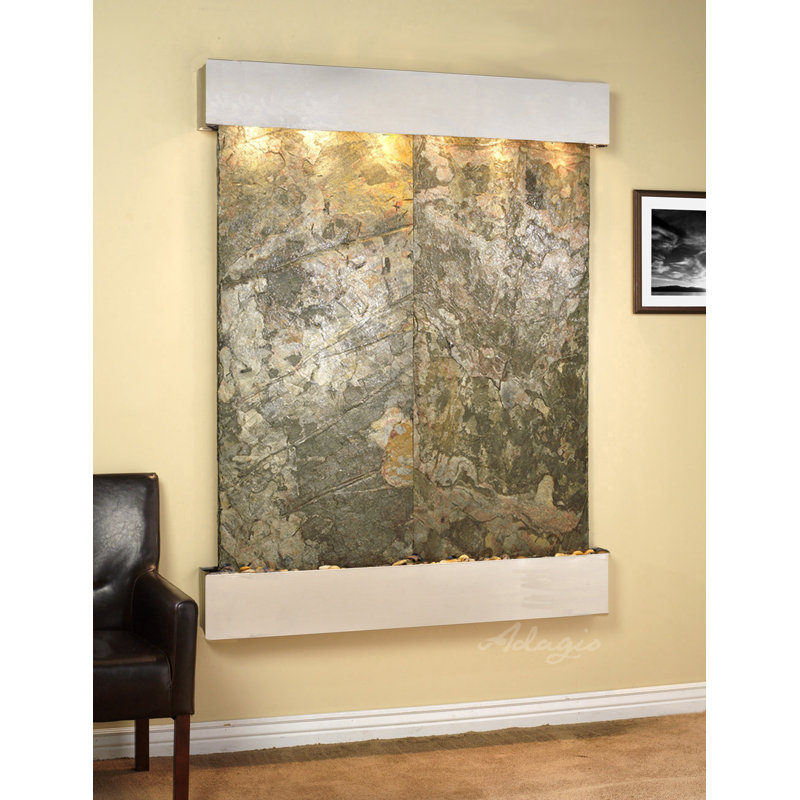 Majestic River Natural Stone Waterfall Fountain with Light, Squared, Stainless Steel, Green Slate