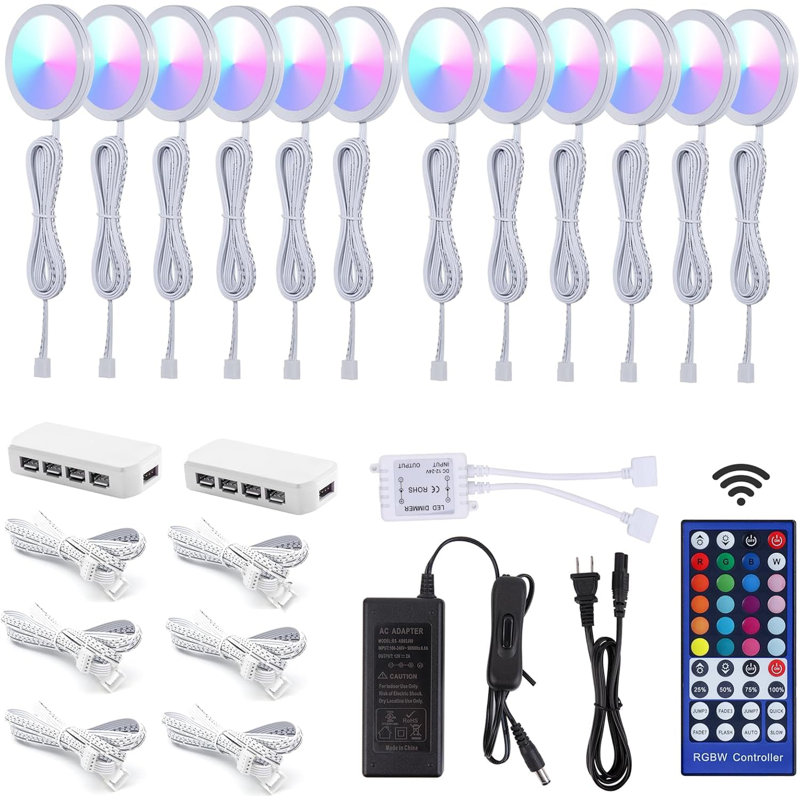 Ensemble de 12 lumières à DEL RVB sous le placard ultra minces pour caisson à intensité variable avec télécommande et adaptateur 12V - parfait pour la cuisine et la maison