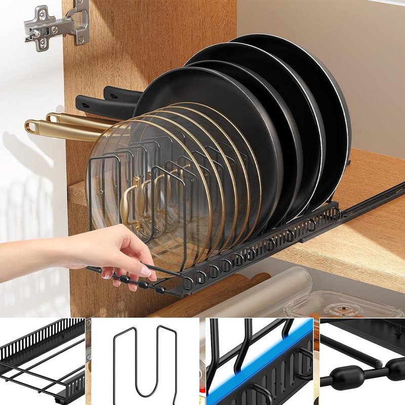 2 Pack Pull Out Pot Lid Organizer for Under Cabinet, Slide Out Pot and Pan Organizer with 10 Adjustable Dividers