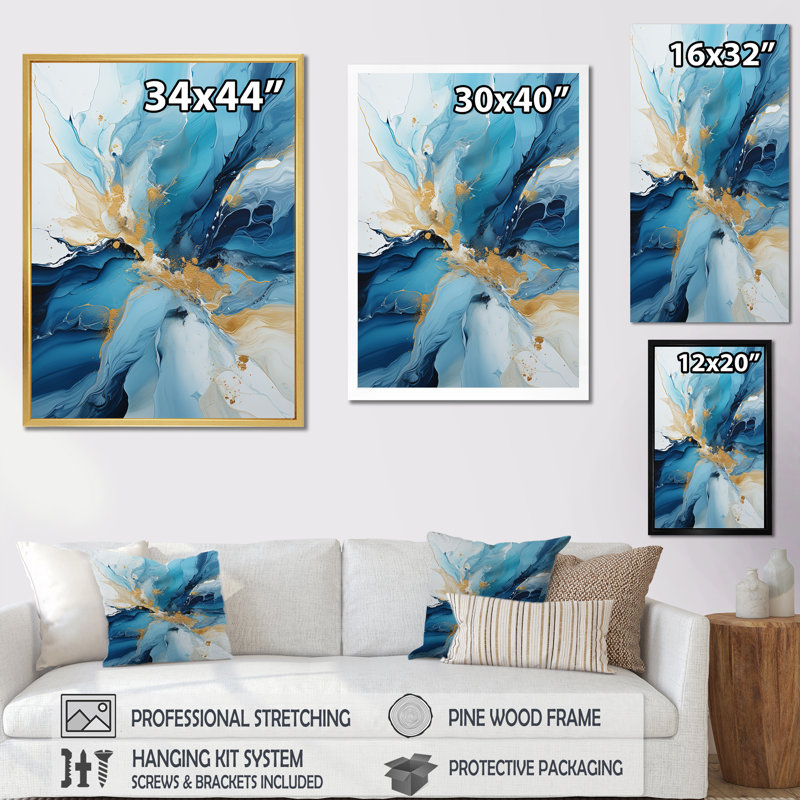 Glacier bleu et blanc II - décoration murale abstraite, Cadre simple noir, H 32 po x l 24 po x P 1 po
