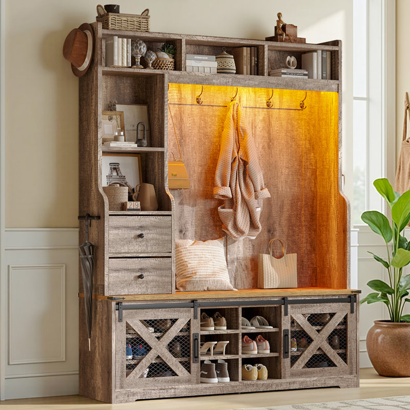 Chimira 59" Wide Farmhouse 7-in-1 Hall Tree With Bench, Led Light, Shoe Storage & Hooks, Brown, Brown