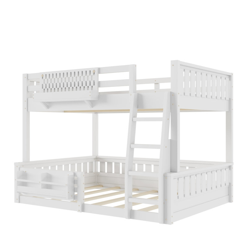 Lit superposé double au-dessus de grand lit double en bois massif avec panneau perforé et bibliothèque, Double TG sur grand