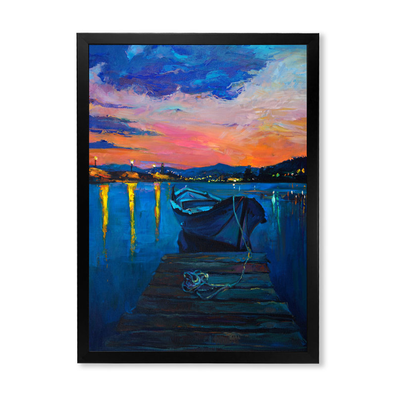 Bateau sur le quai pendant la nuit, Cadre noir, H 20 po x l 12 po x P 1 po