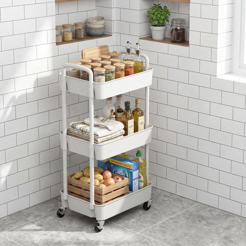 White, Three-Layer Plastic Wheeled Trolley With Convenient Handle; Movable Storage And Organization, Suitable For Use In Offices, Living Rooms, Kitchens, And Other Settings.