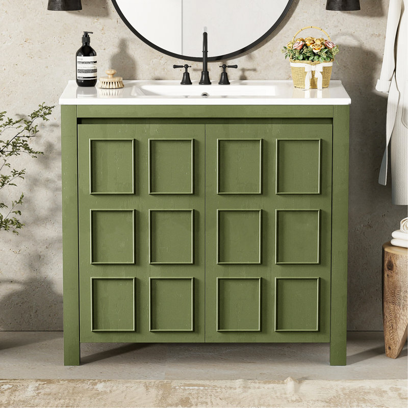 Organisateur de meuble-lavabo 36 po avec lavabo en céramique, ensemble d'armoire de rangement, vert olive, Vert olive