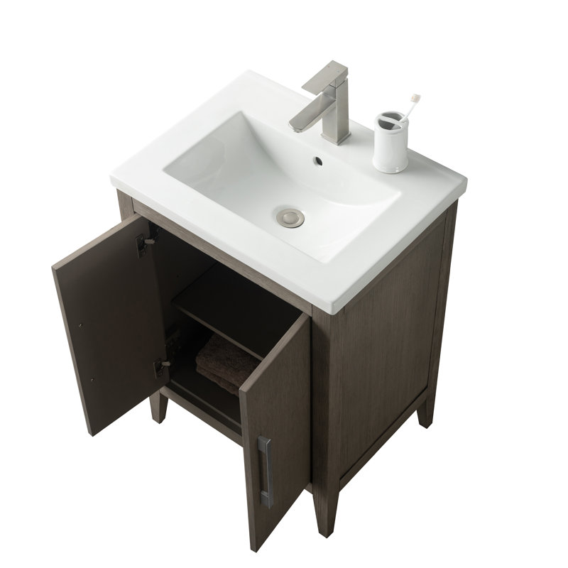 Meuble-lavabo simple 24 po avec plateau en céramique Chambery, Bois flottant gris, Nickel brossé