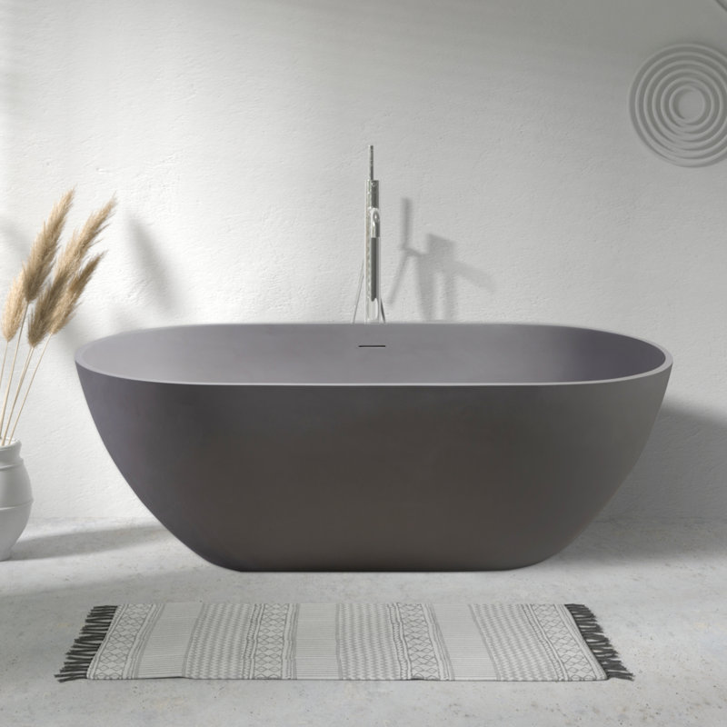 Baignoire de trempage autoportante en résine de 59 po x 29,5 po à surface solide en pierre avec trop-plein et bonde escamotable, gris mat