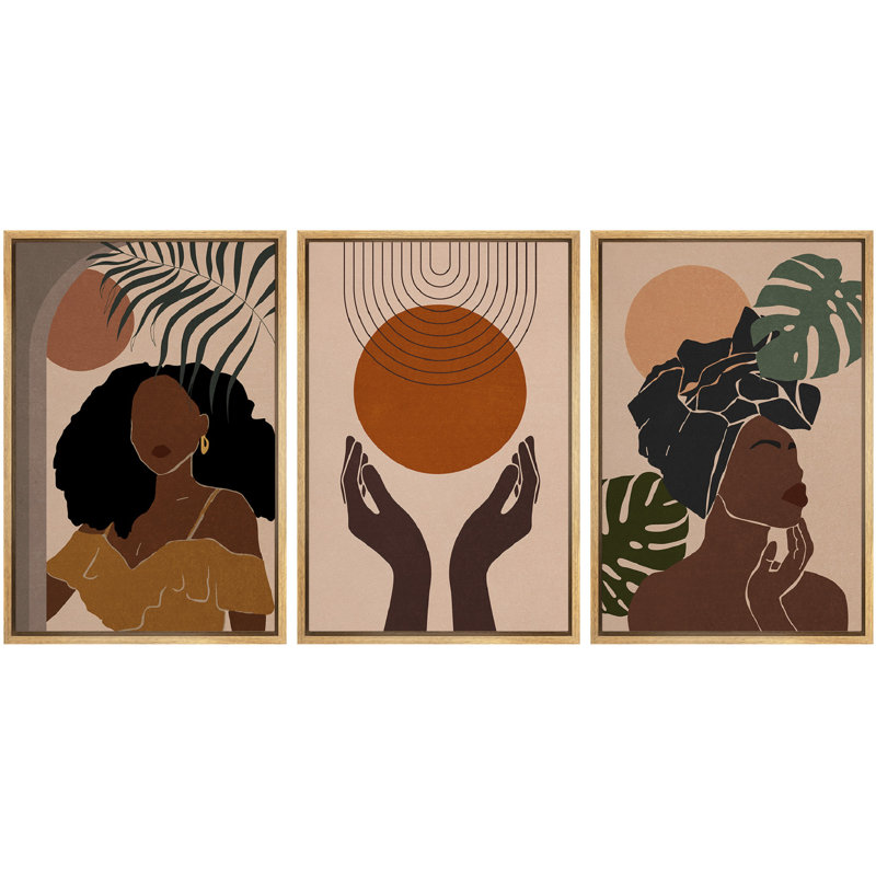 Mid Century Modern Boho, style afro-américain élégant, femme noire, H 36 po x l 72 po, Cadre naturel flottant