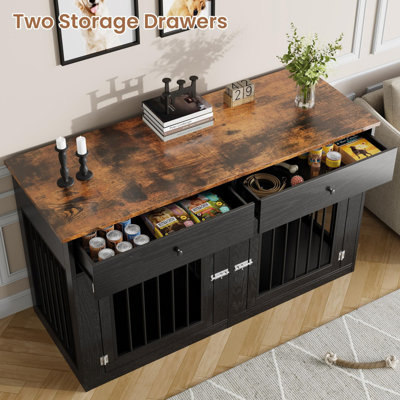 60” Farmhouse Double Dog Crate with Drawers, Large Wooden Dog Kennel Furniture for 2 Dogs, Indoor Pet Cage and TV Stand