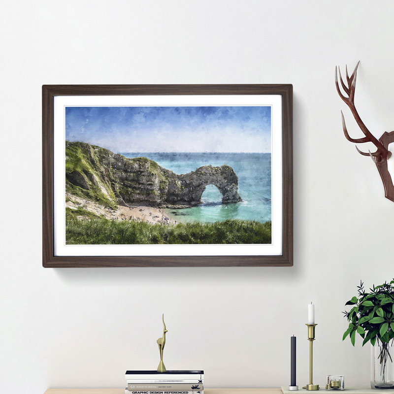 Durdle Door Cliffs in Dorset - Picture Frame Painting Print, Walnut Framed, 45cm H x 63cm W x 2cm D