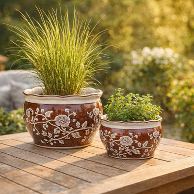 Decorative Floral Ceramic Chinoiserie Round Planter for Home Decor - Indoor Flower Pots and Outdoor Planters for Living Room Patio Accent - Set of 2