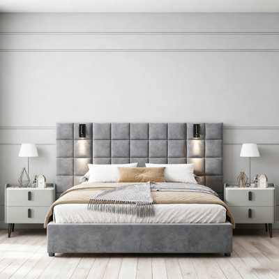 3-Pieces Bedroom Sets PU Storage Bed with LED Lights and USB charger,Nightstands Set of 2 with Charging Station and LED Lights by Wrought Studio