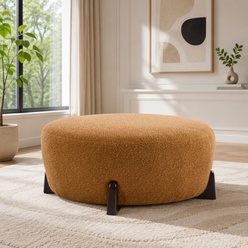 Repose-pieds rond avec pieds en bois d'hévéa Boucle, Bois naturel, orange citrouille