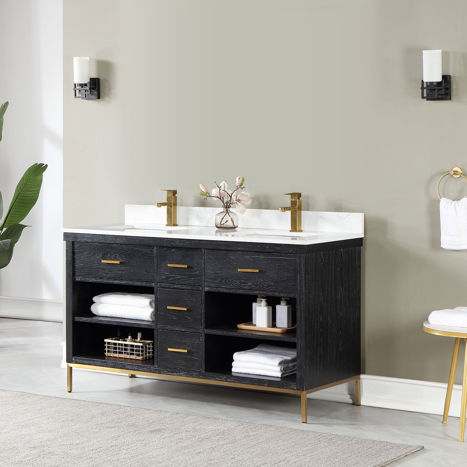 Kesia 60'' Double Bathroom Vanity, Black, Gold