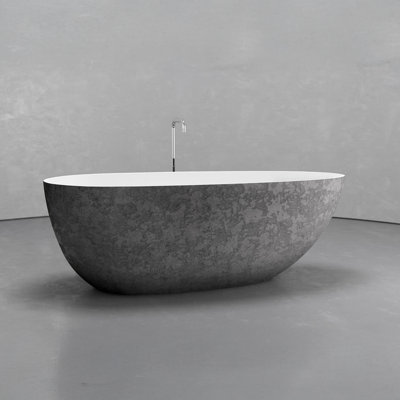 62.8” x 30.3” Deep Soaking Grey and White Concrete Freestanding Oval Bathtub 