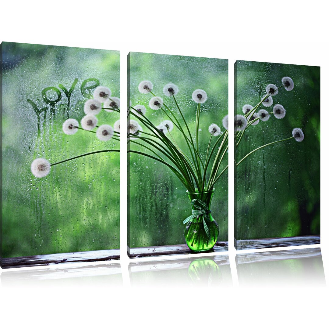 3-tlg. Leinwandbilder-Set „Pusteblumen am verregneten Fenster“, Fotodruck 