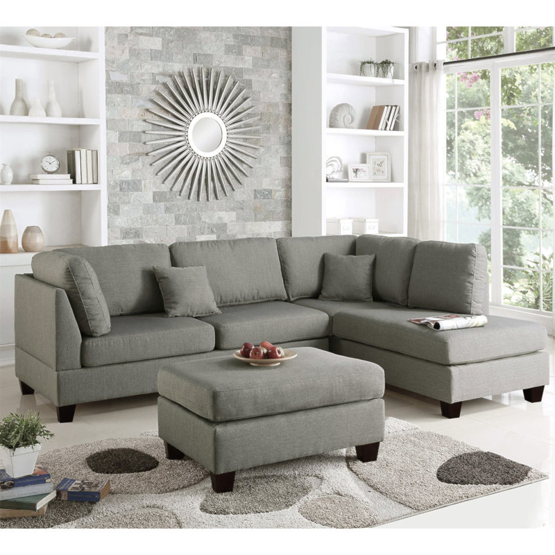 Reversible Polyfiber Sectional Sofa With Ottoman, Grey