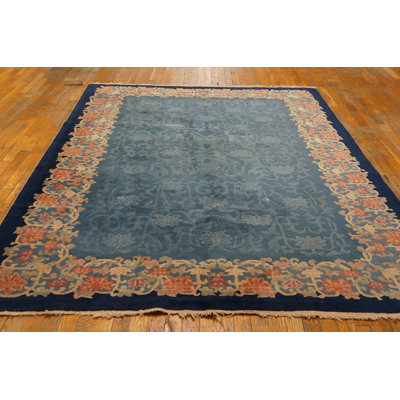 Wool Hand Knotted Pile 1920s Blue Rectangle Allover Floral Antique Rug