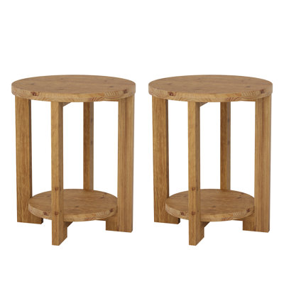 Solid Wood Round End Table Set,  2-Tier Round Accent Side Table with Storage Shelf