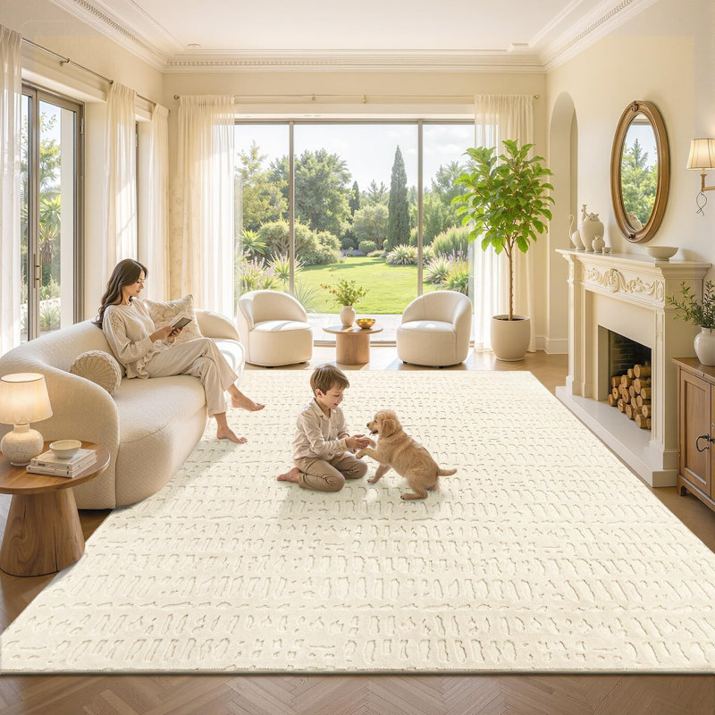 Tapis ivoire moderne en peluche moelleux lavable antidérapant, Rectangle 9 pi x 12 pi