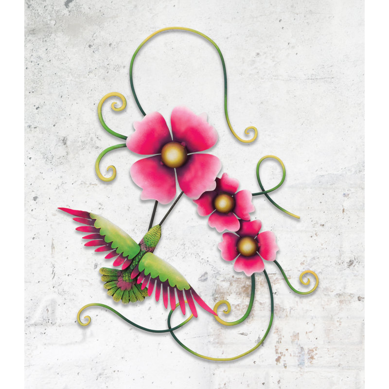 Handpainted Pink and Green Metal Hummingbird Wall Sculpture