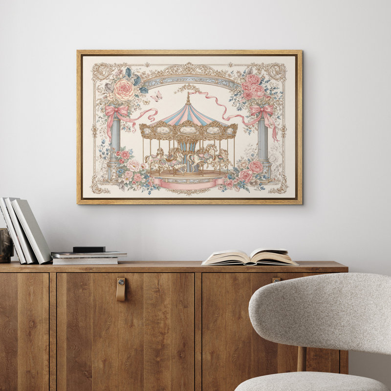 Vintage Floral Carousel Garden Ornamental Frame Pastel Romantic Framed Canvas Master Bedroom Wall Art Work Print, Natural